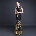 Embroidered Cap-sleeve Sheath Evening Gown