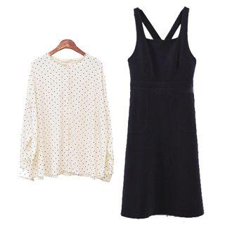 Strappy Midi A-line Jumper Dress / Dotted Long-sleeve Blouse