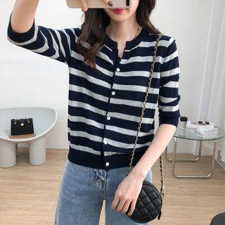 Elbow-sleeve Striped Cardigan
