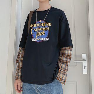Mock Two-piece Lettering Long-sleeve Plaid T-shirt