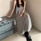 Spaghetti-strap Gingham Midi A-line Dress Black - One Size