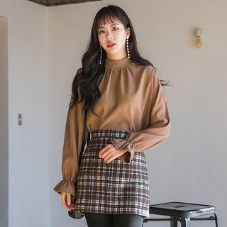 Mock-neck Shirred Blouse