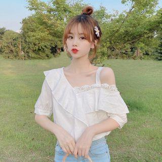 Cold-shoulder Lace Trim Elbow-sleeve Blouse White - One Size
