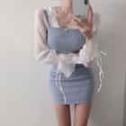 Long-sleeve Mesh Blouse / Spaghetti Strap Mini Bodycon Dress