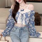Mock Two-piece Long-sleeve Floral Top Blue & White - One Size