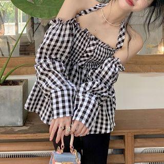 Off-shoulder Halter Neck Gingham Blouse Plaid - Black & White - One Size