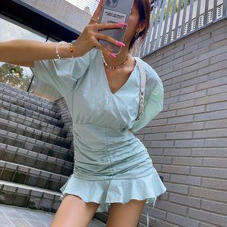 Puff-sleeve Shirred Ruffled Minidress