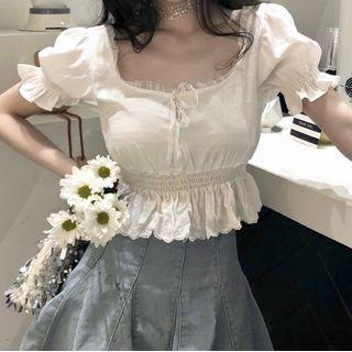 Square-neck Short-sleeve Cropped Peplum Blouse As Shown In Figure - One Size