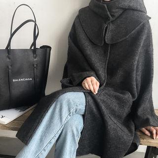 Hooded Funnel-neck Wool Blend Long Coat