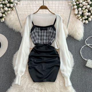 Set: Gingham Panel Tank Dress + Cardigan
