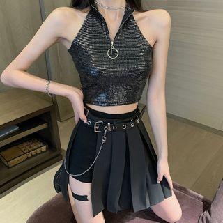 Glitter Halter Sleeveless Top / Shorts / Pleated Mini A-line Skirt / Belt / Set