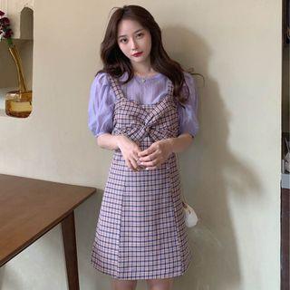 Set: Puff-sleeve Top + Plaid Mini A-line Dress