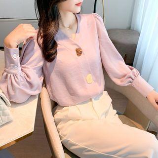 Contrast Button V-neck Long-sleeve Blouse