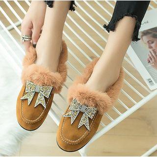 Rhinestone Bow Accent Furry Moccasins