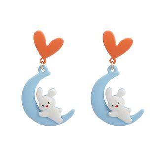 Heart Rabbit Moon Dangle Earring 1 Pair - 925 Silver Needle Earrings - Orange & Blue & White - One Size