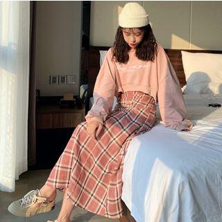 Lettering Pullover / Midi Plaid A-line Skirt