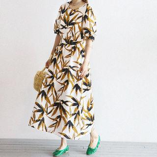 Leaf Pattern Linen Blend Long A-line Dress