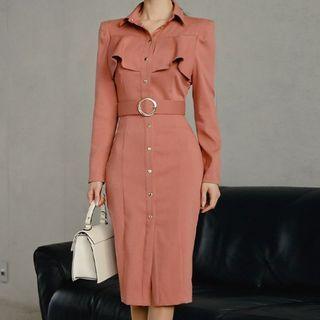 Long-sleeve Belted Midi Sheath Shirtdress