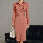Long-sleeve Belted Midi Sheath Shirtdress