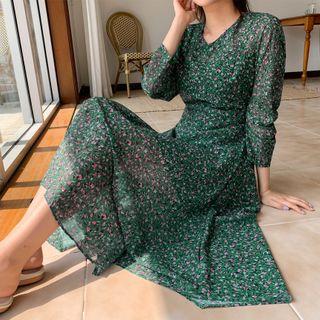 Tie-waist Floral Print Dress Dark Green - One Size