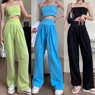 Lettering Tube Top / High-waist Plain Slit Wide-leg Pants