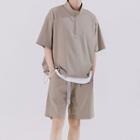 Short Sleeve Stand Collar Polo Shirt / Wide Leg Shorts