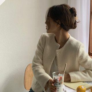 Round-neck Wool Blend Cropped Jacket Cream - One Size