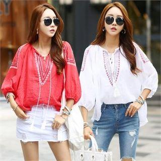 Tie-neck Tasseled Embroidered Blouse