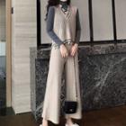 V-neck Distressed Knit Vest / Turtleneck Long-sleeve T-shirt / High Waist Wide-leg Pants