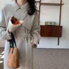 Set: Plain Cropped Jacket + Tie-waist Double-breasted Coat