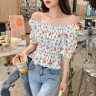 Off Shoulder Floral Pleated Blouse