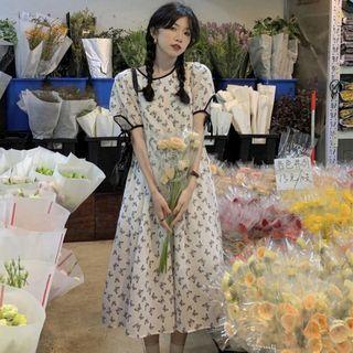 Short-sleeve Butterfly Print Midi A-line Dress Butterfly - White - One Size