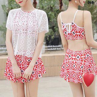 Set:diamond Pattern Swim Top + Skirt + Cover Up
