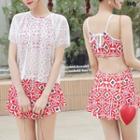 Set:diamond Pattern Swim Top + Skirt + Cover Up