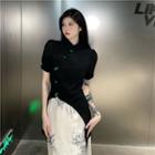 Puff-sleeve Asymmetrical Blouse / Leaf Print Midi Pencil Skirt