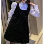 Puff-sleeve Shirt / Glitter Mini A-line Overall Dress
