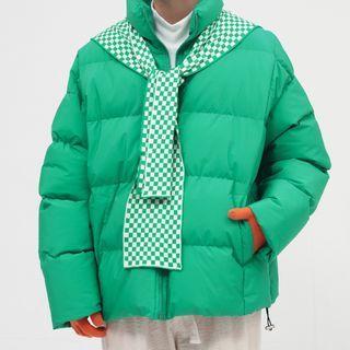 Long-sleeve Plain Padded Jacket With Plaid Shawl