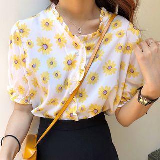 Floral Short-sleeve Blouse Floral - White - One Size
