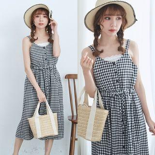 Spaghetti-strap Tie-waist Check Midi Dress