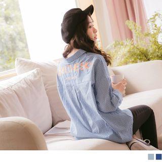 Letter Embroidered Oversized Striped Shirt
