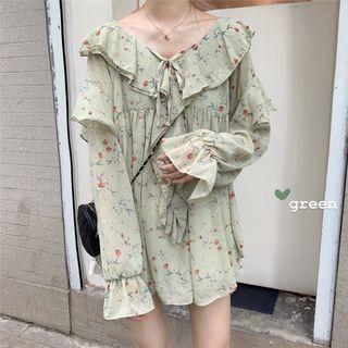 Long-sleeve Floral Ruffled Mini Dress