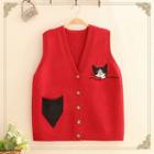 Cat Jacquard Color-block Pocket Knit Vest