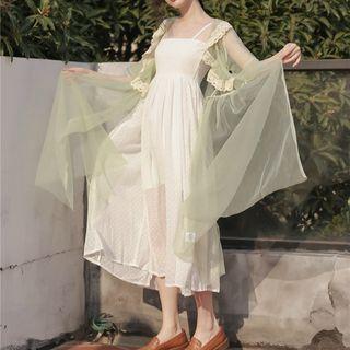 Set: Dotted Midi Spaghetti Strap Dress + Lace Trim Open-front Long Light Jacket