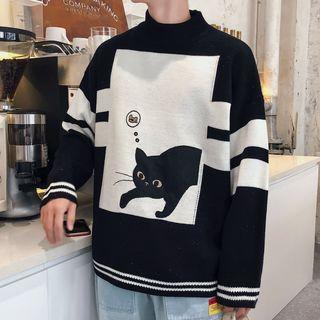 Mock-neck Cat Jacquard Sweater