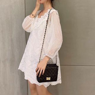 Set: Slipdress + Lace Trim 3/4-sleeve Mini Dress White - One Size