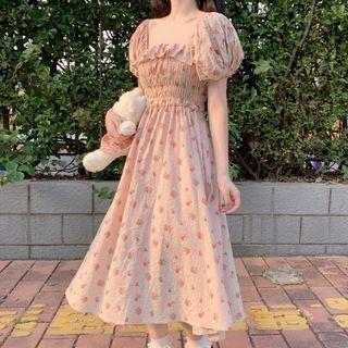Dotted Short-sleeve Midi A-line Dress Almond - One Size