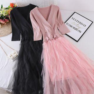 Elbow-sleeve Midi A-line Layered Mesh Dress
