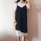 Set: Plain Short-sleeve T-shirt + Mesh Slipdress