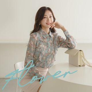 Bishop-sleeve Ruffle-trim Floral Blouse