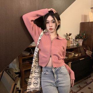 Collar Zip-up Cardigan Dark Pink - One Size